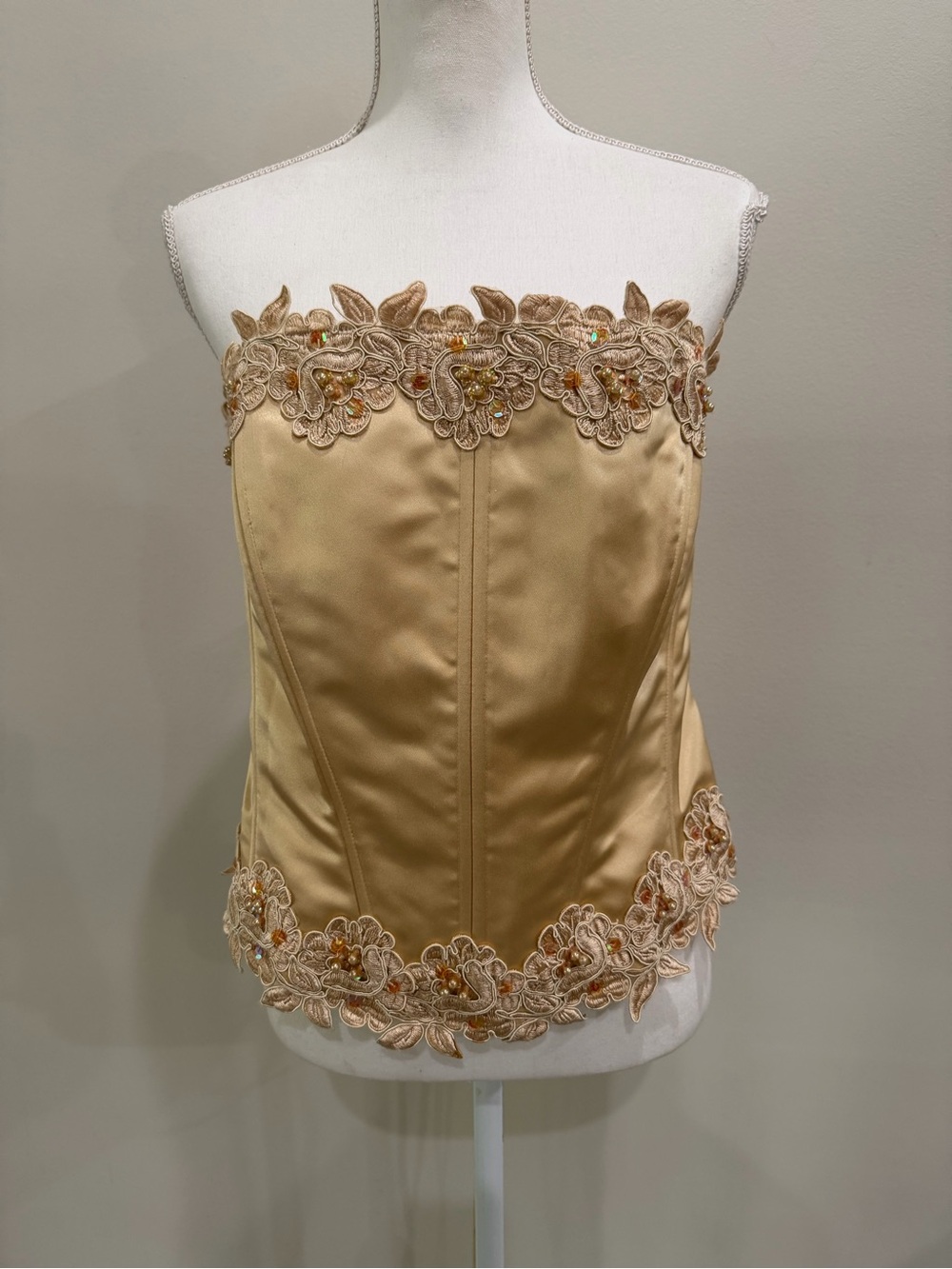 Lenovia Satin Corset Bodice Floral Embroidery Beads Sequins Boning Tie Back Gold